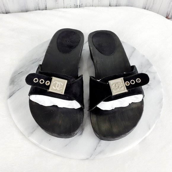 CHANEL | Shoes | Chanel Wooden Slides With Suede Straps | Poshmark